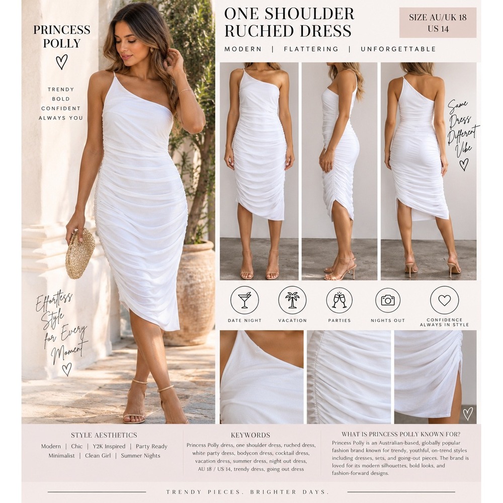 Princess Polly White One Shoulder Ruched Mesh Mini Dress 14 NWT Y2K Clean Girl